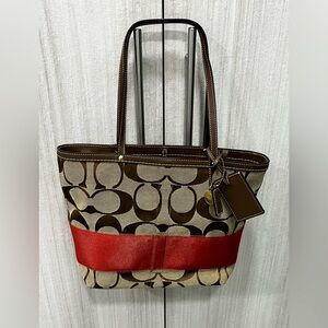 Coach Brown Signature Canvas Tote with Red Leather Band